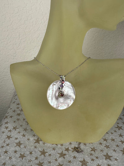 White Shell Pendant Enhanced with Garnet Peridot in Sterling Silver