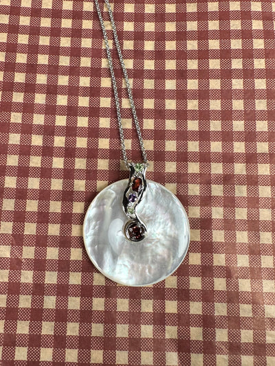 White Shell Pendant Enhanced with Garnet Peridot in Sterling Silver