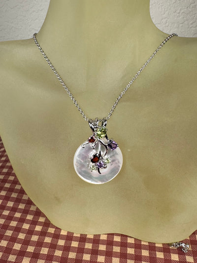 Ornate White Shell Pendant with Gems in Sterling Silver