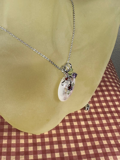 Ornate White Shell Pendant with Gems in Sterling Silver