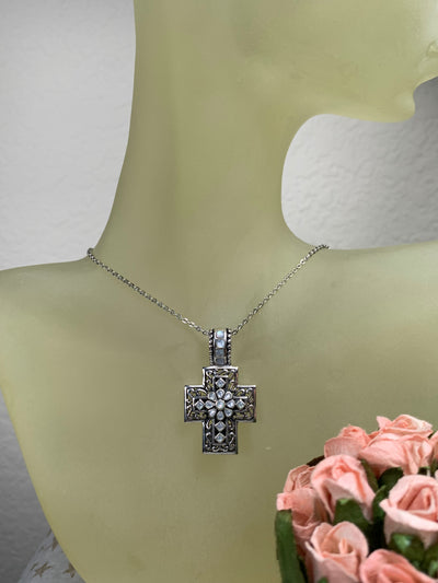 Oxidized Silver & Shell Vintage Cross Pendant