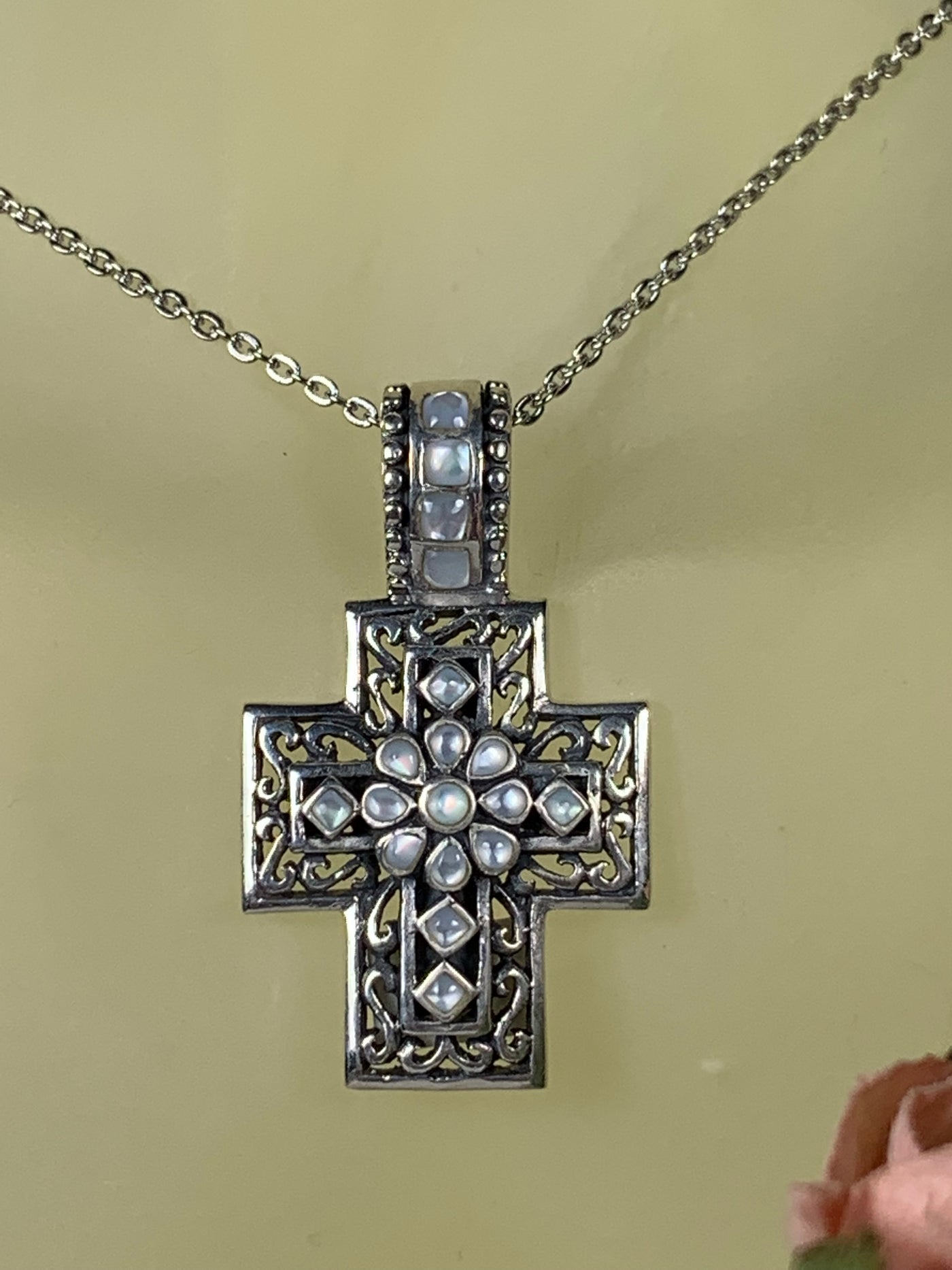 Oxidized Silver & Shell Vintage Cross Pendant