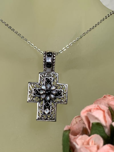 Oxidized Silver & Shell Vintage Cross Pendant