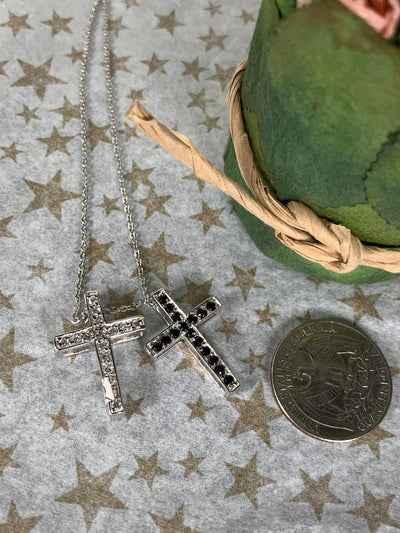 Double Sided Black & Clear CZ Cross Pendant in Sterling Silver
