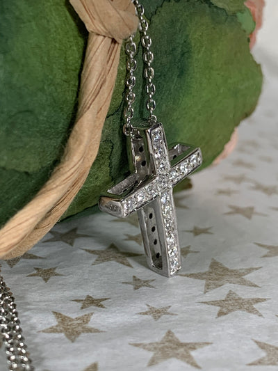 Double Sided Black & Clear CZ Cross Pendant in Sterling Silver