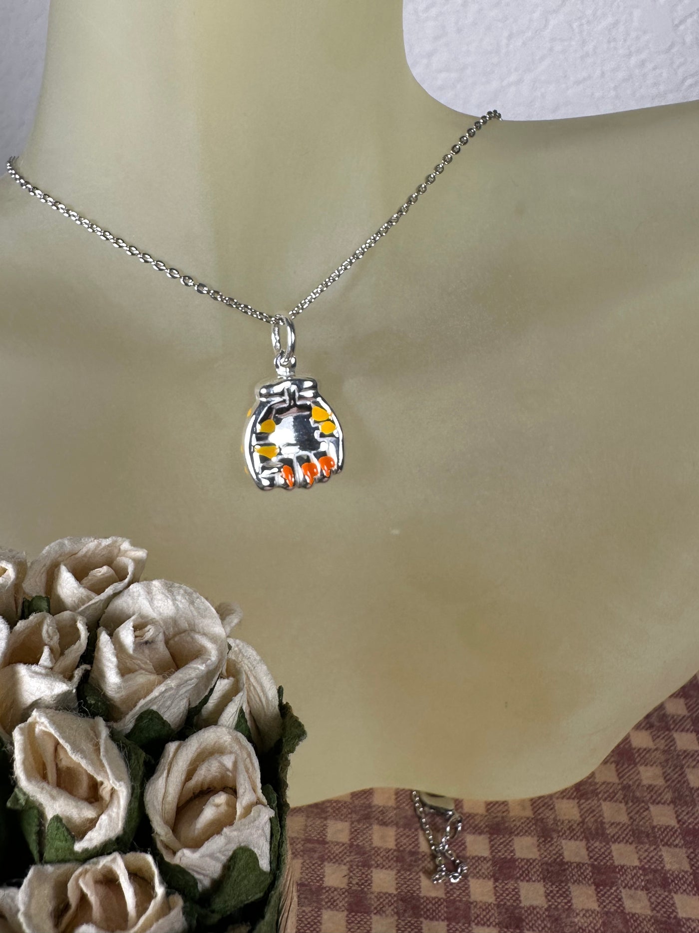 Sterling Silver & Orange Yellow Enamel Baseball Mitt Charm Pendant