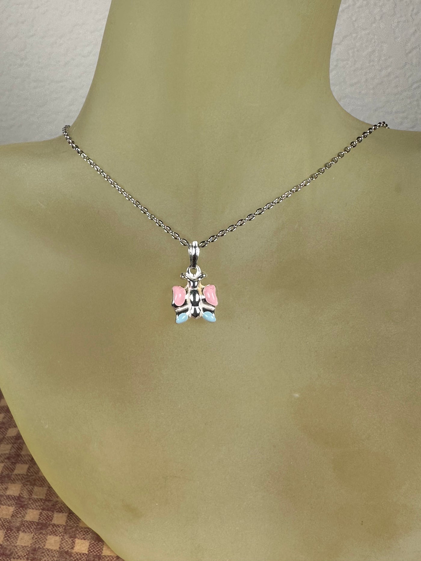 Sterling Silver & Pink Blue Enamel Butterfly Pendant Charm