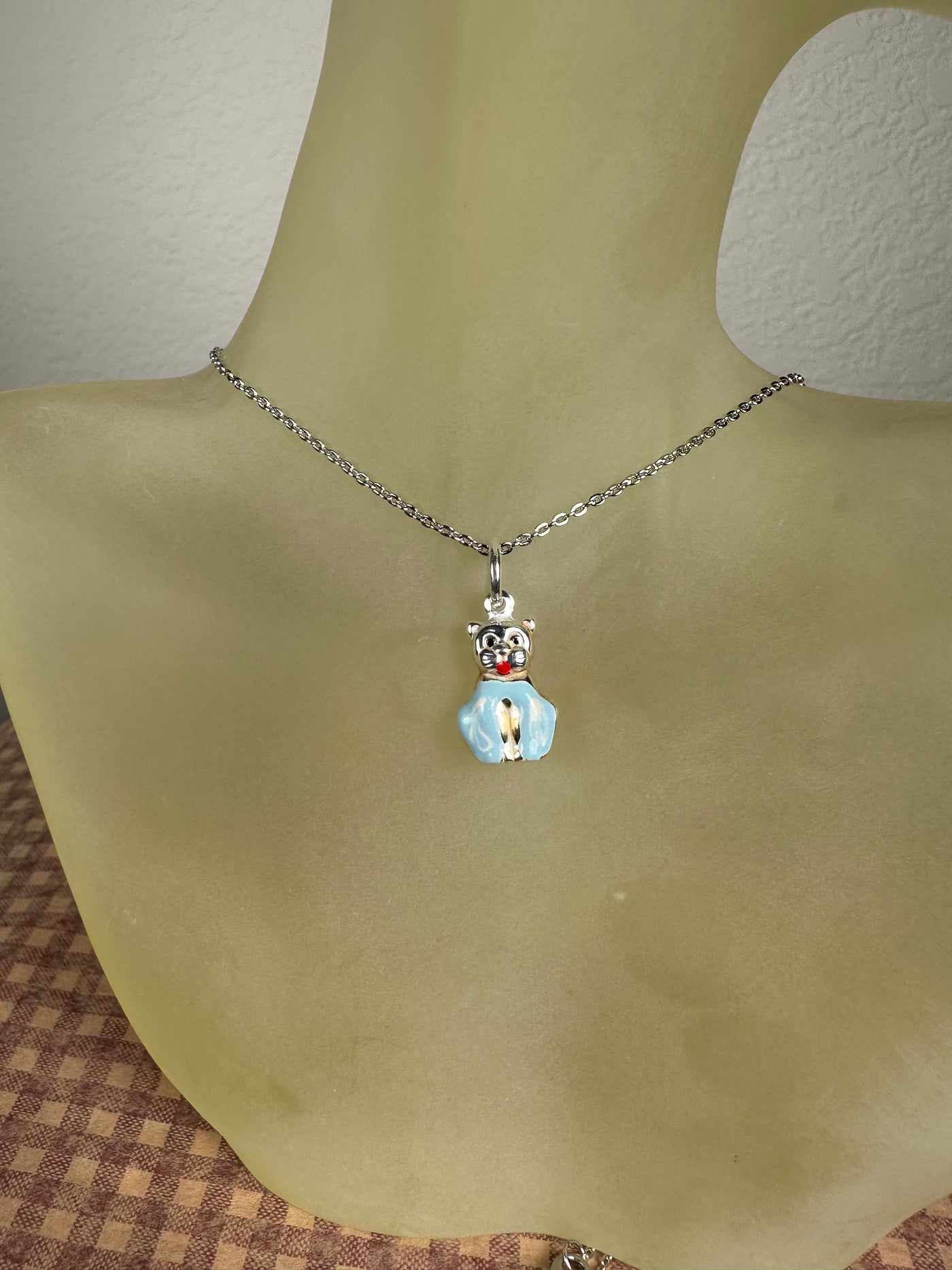 Sterling Silver & Pastel Blue Enamel Kitty Cat Pendant Charm