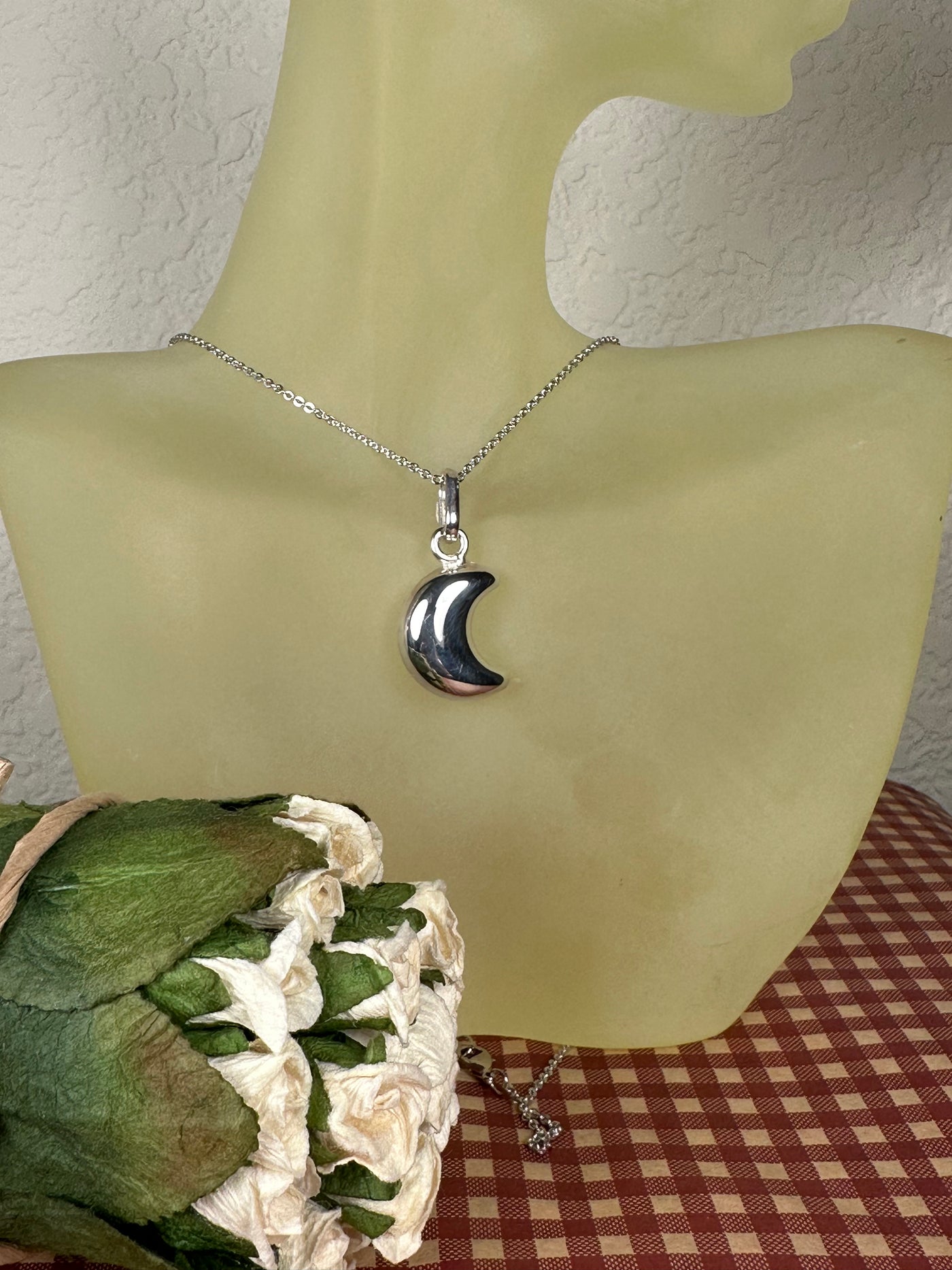 Sterling Silver Puffy Crescent Moon Pendant from Italy