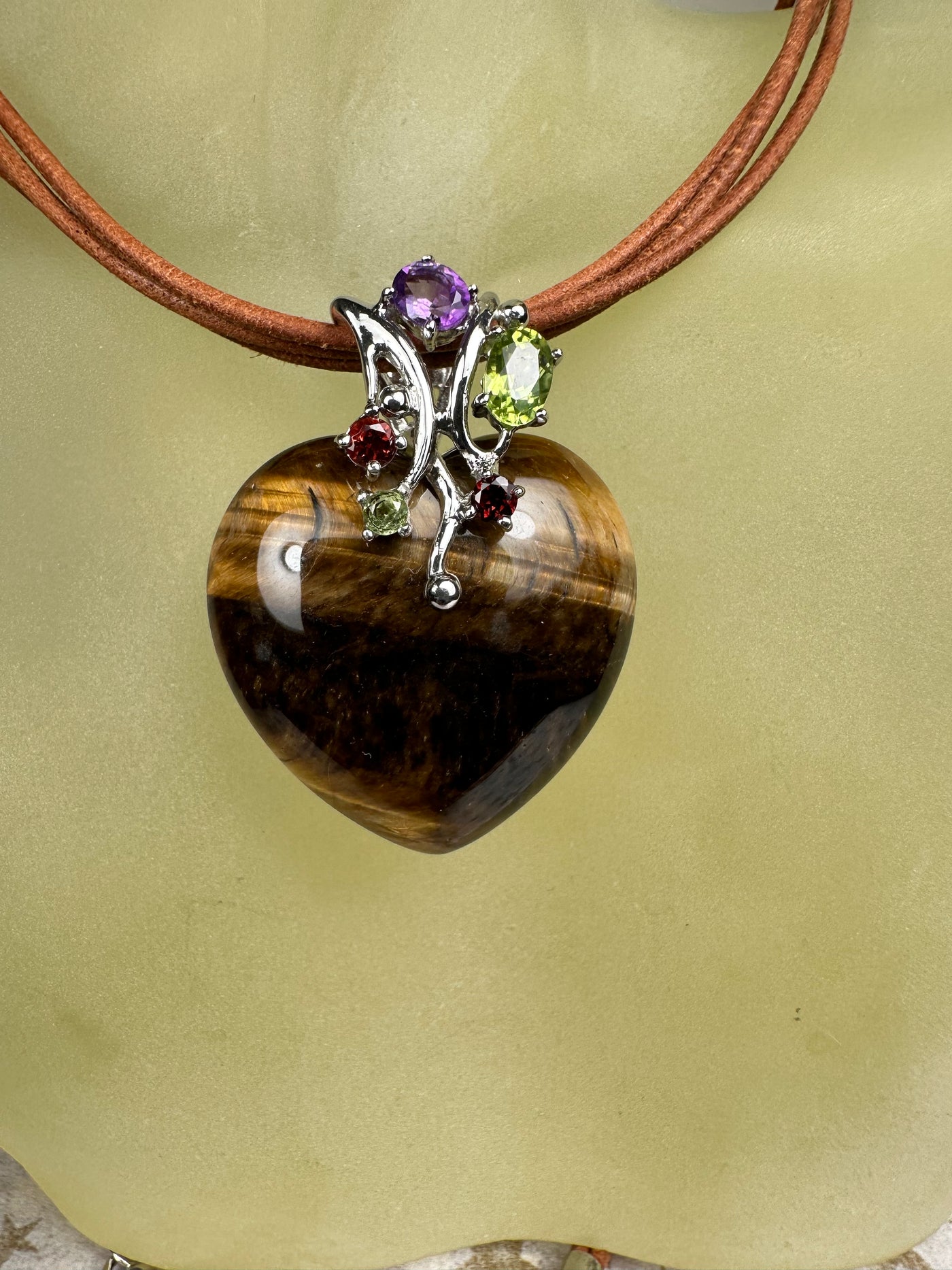 Tiger's Eye Heart and Gems Pendant in Sterling Silver