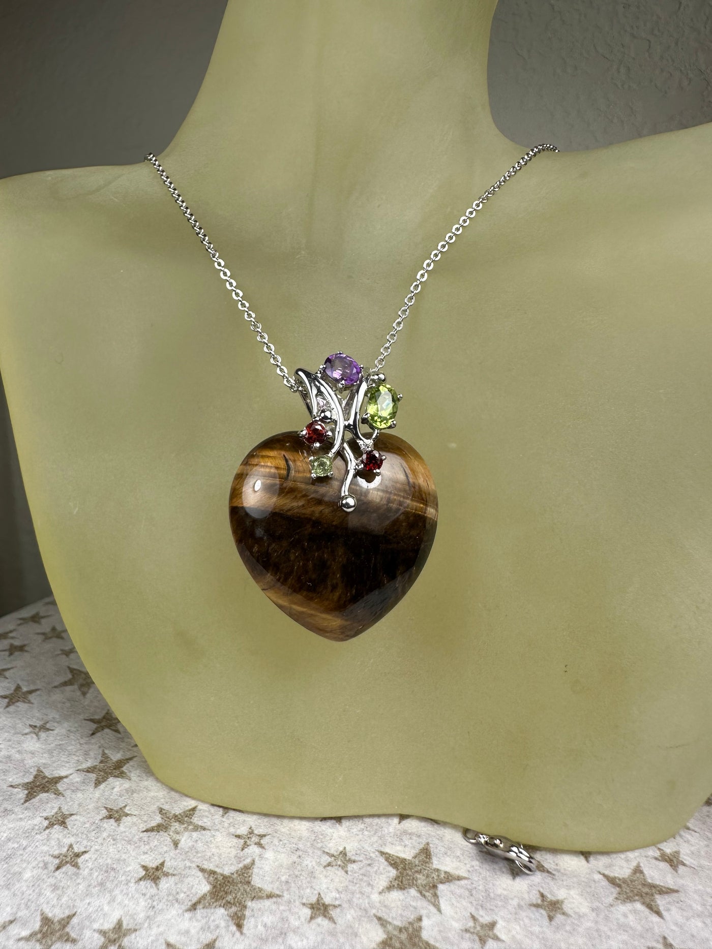 Tiger's Eye Heart and Gems Pendant in Sterling Silver