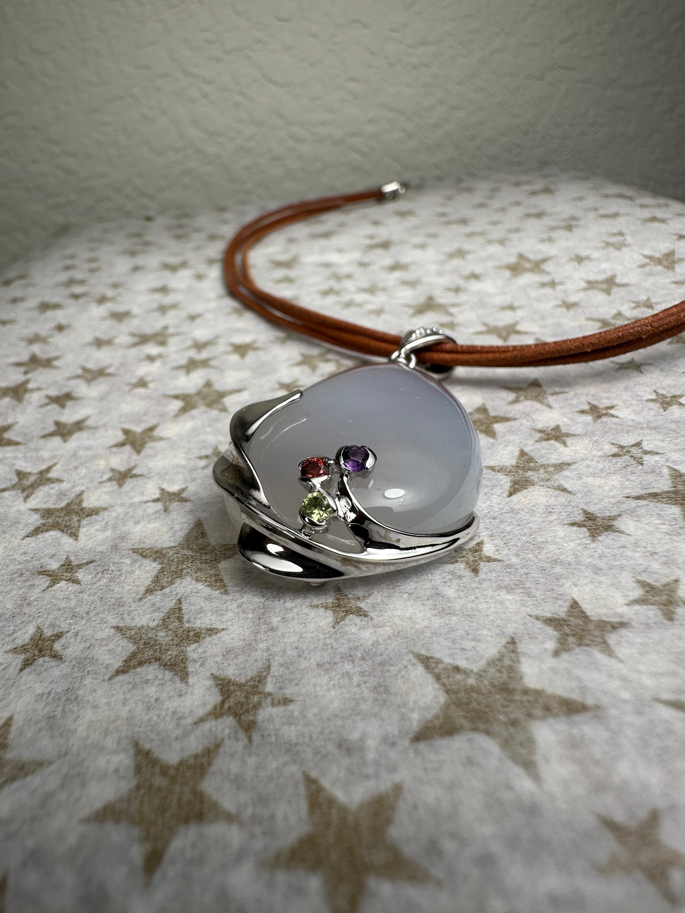 Sterling Silver and Gray Agate Pendant with Amethyst Garnet and Peridot