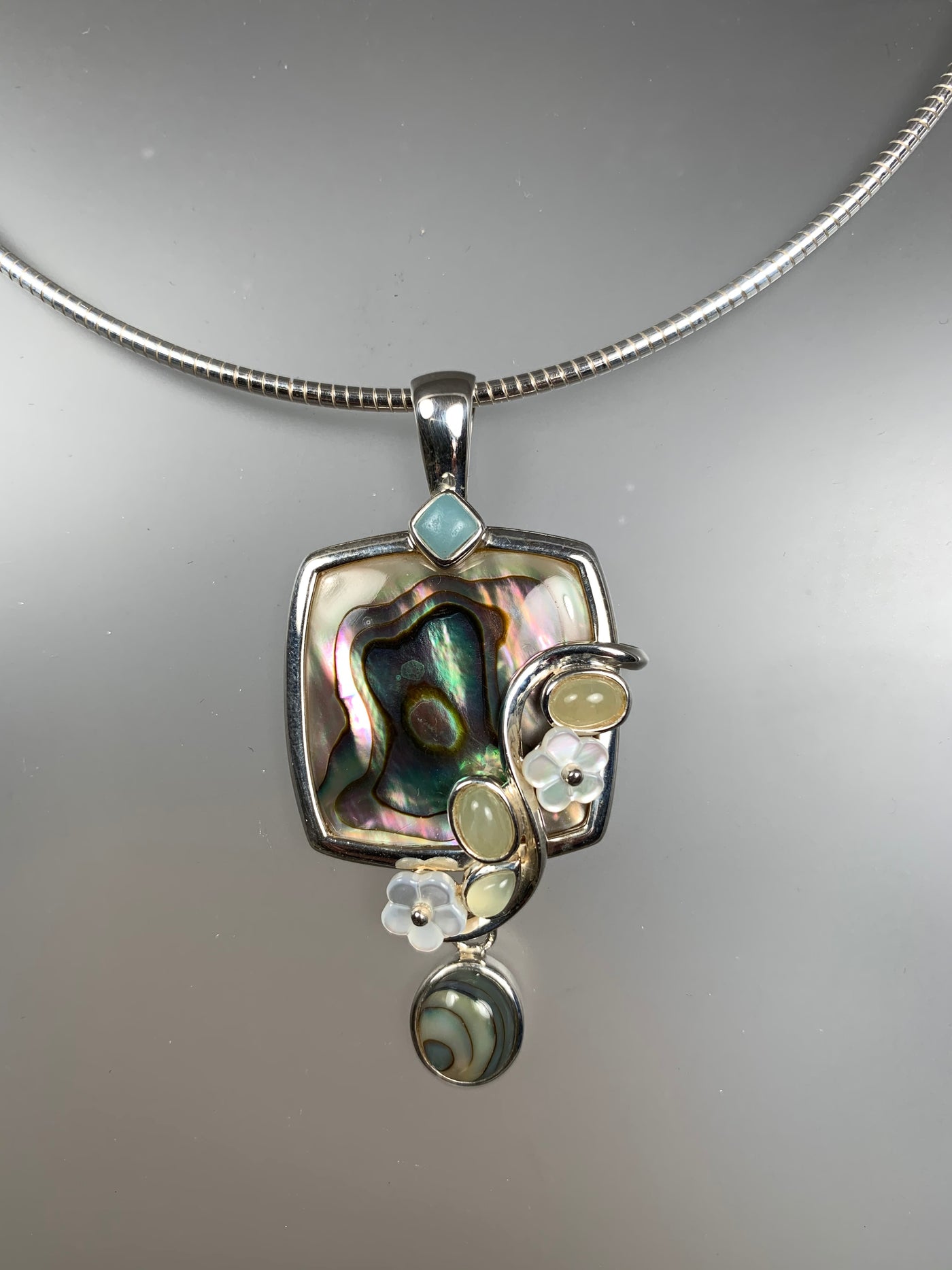 Ornate Natural Abalone Shell and Serpantine Pendant in Sterling Silver
