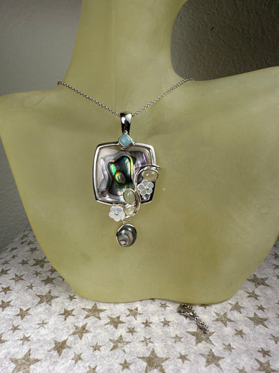 Ornate Natural Abalone Shell and Serpantine Pendant in Sterling Silver