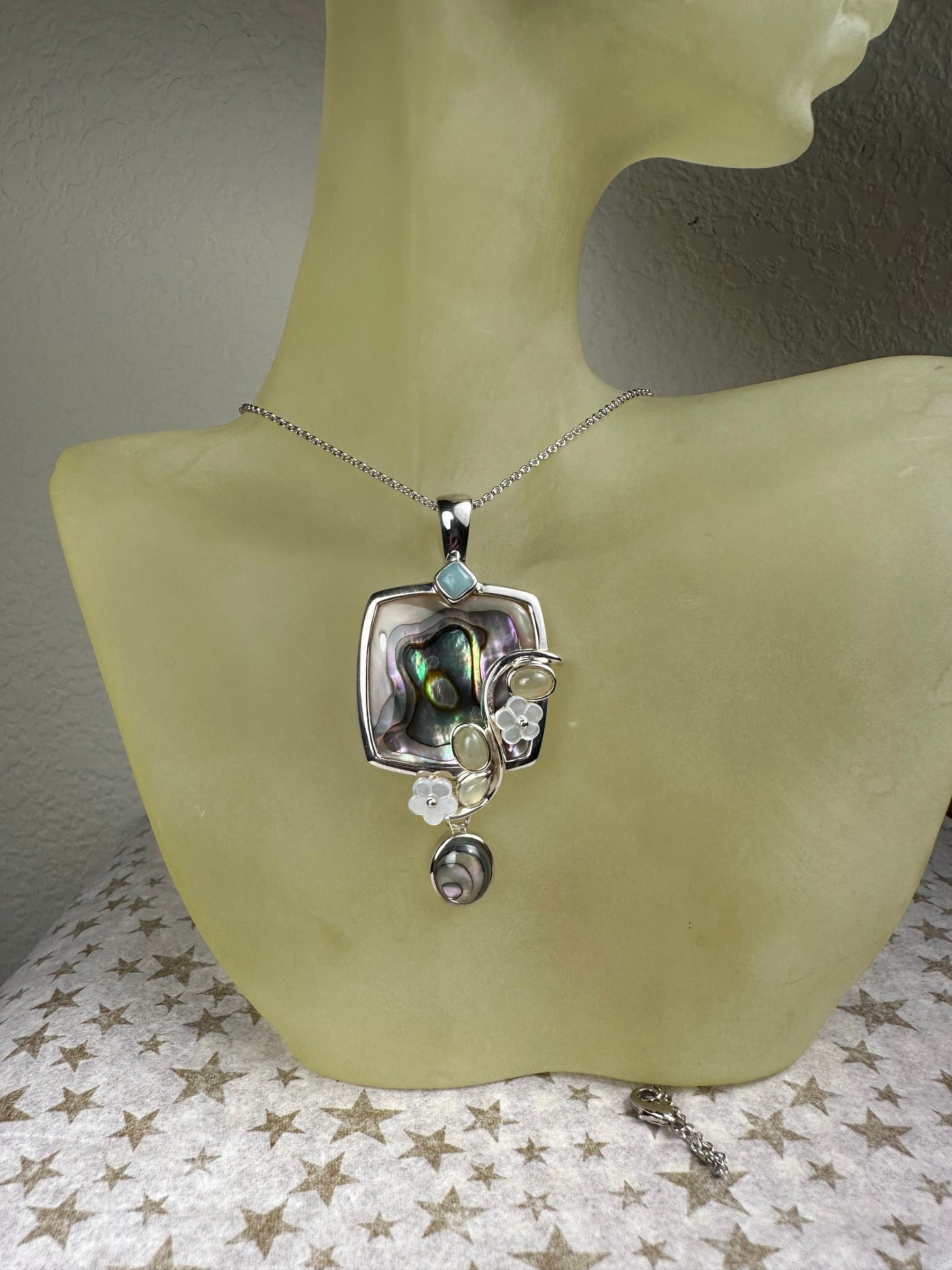 Ornate Natural Abalone Shell and Serpantine Pendant in Sterling Silver