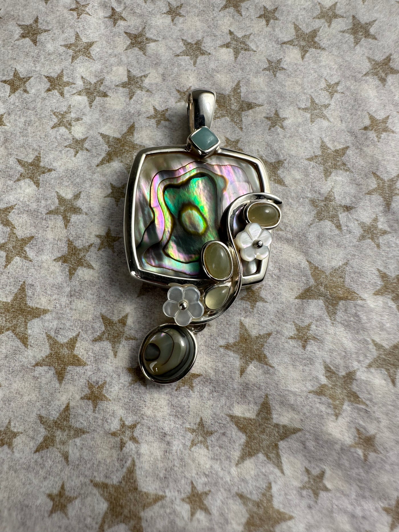 Ornate Natural Abalone Shell and Serpantine Pendant in Sterling Silver