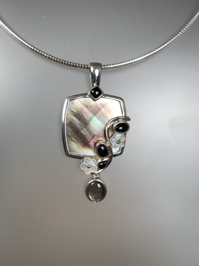 Ornate Black MOP Shell Square Pendant in Sterling Silver