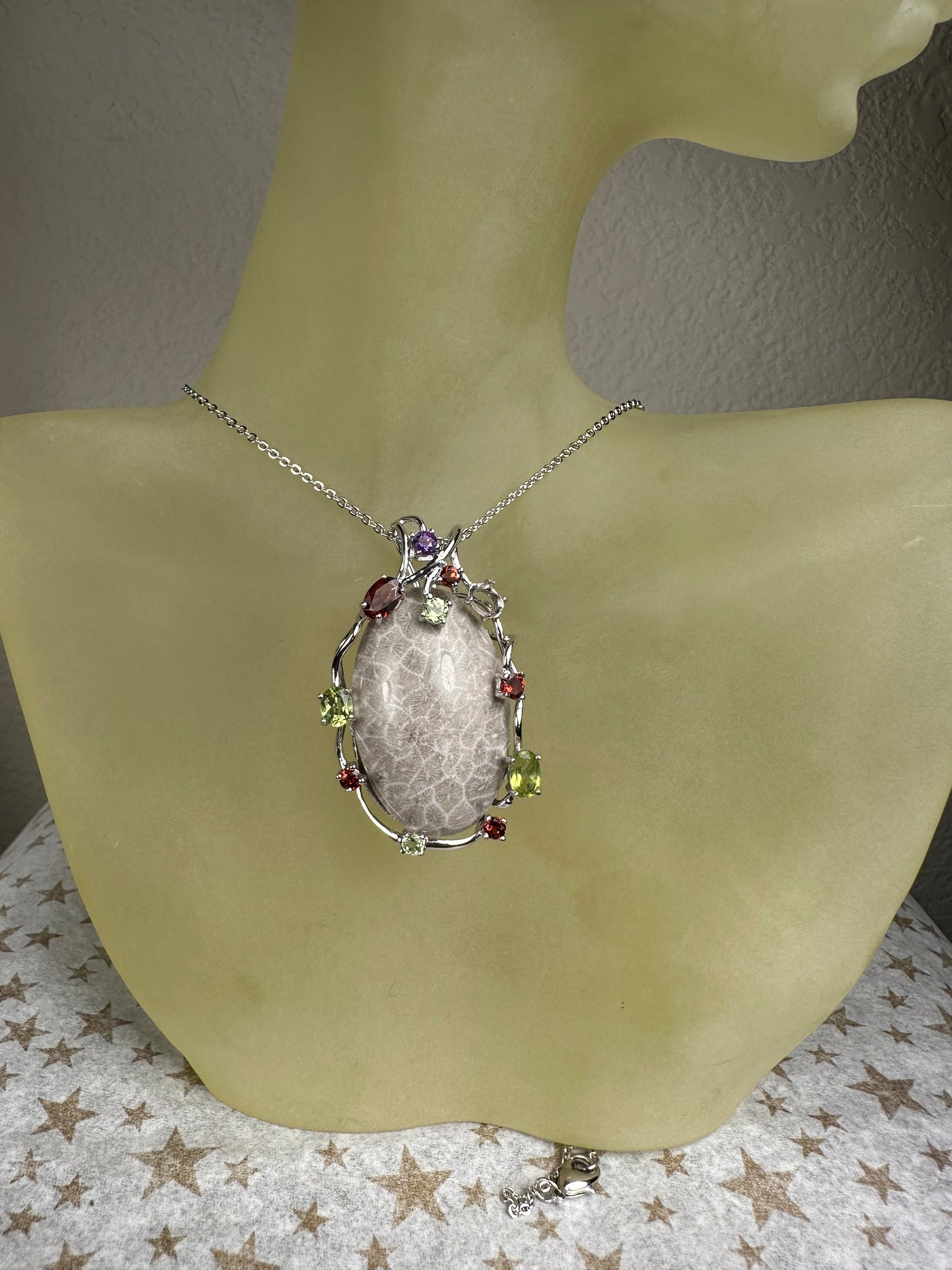 Sterling Silver and Genuine Oval Coral Fossil Pendant with Gems Accent