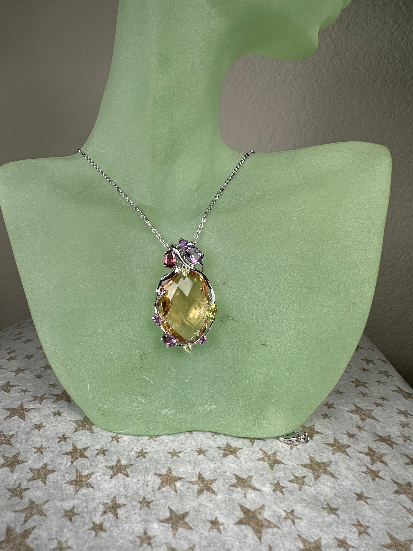 Sterling Silver and Oval "Amber Yellow" CZ Pendant with Genuine Gems Accent