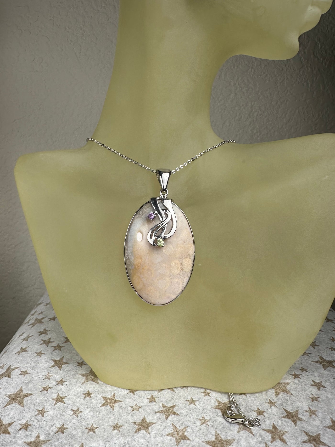 Sterling Silver and Genuine Oval Lt. Brown Coral Fossil Pendant