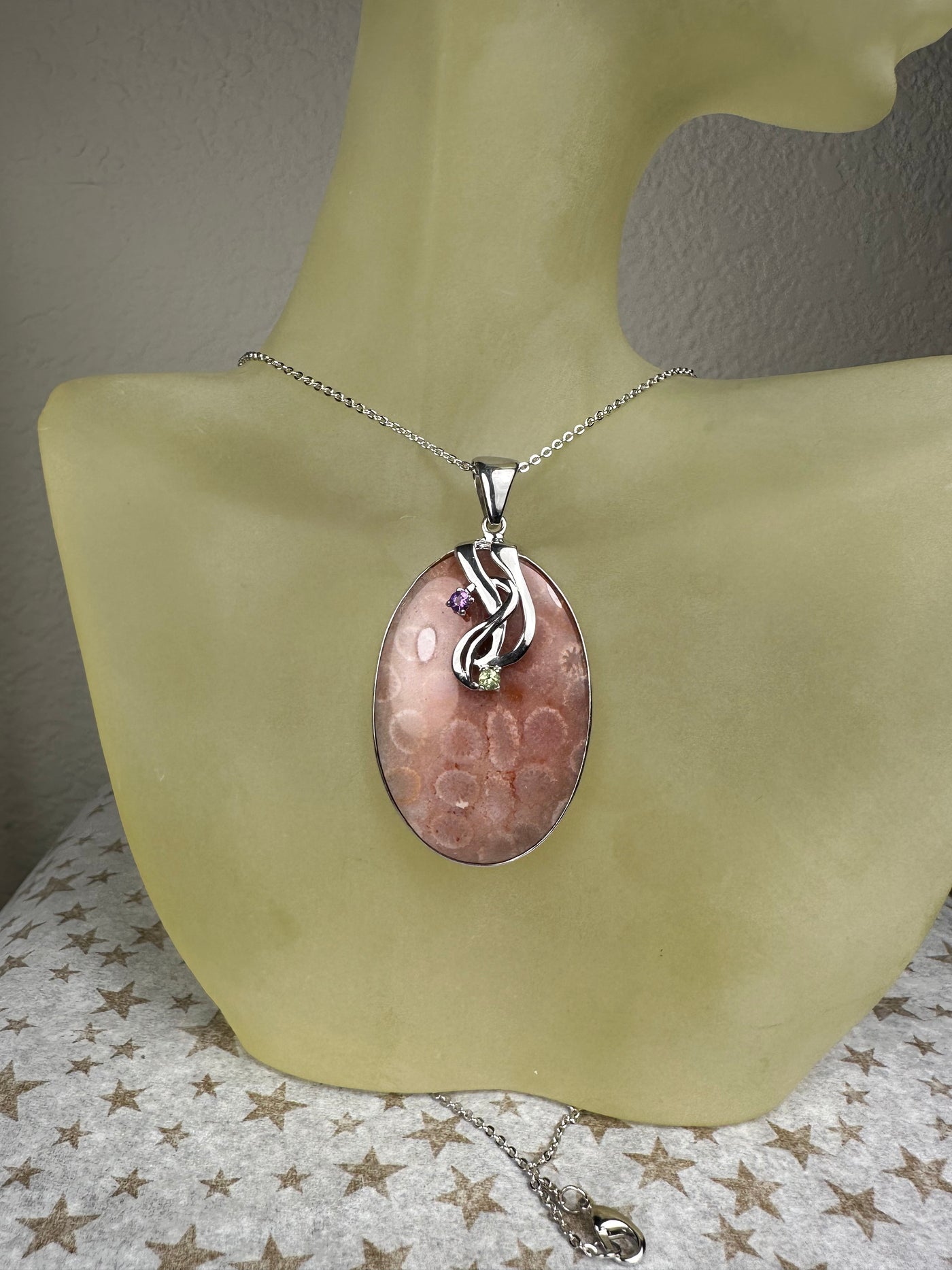 Sterling Silver and Genuine Oval Reddish Coral Fossil Pendant
