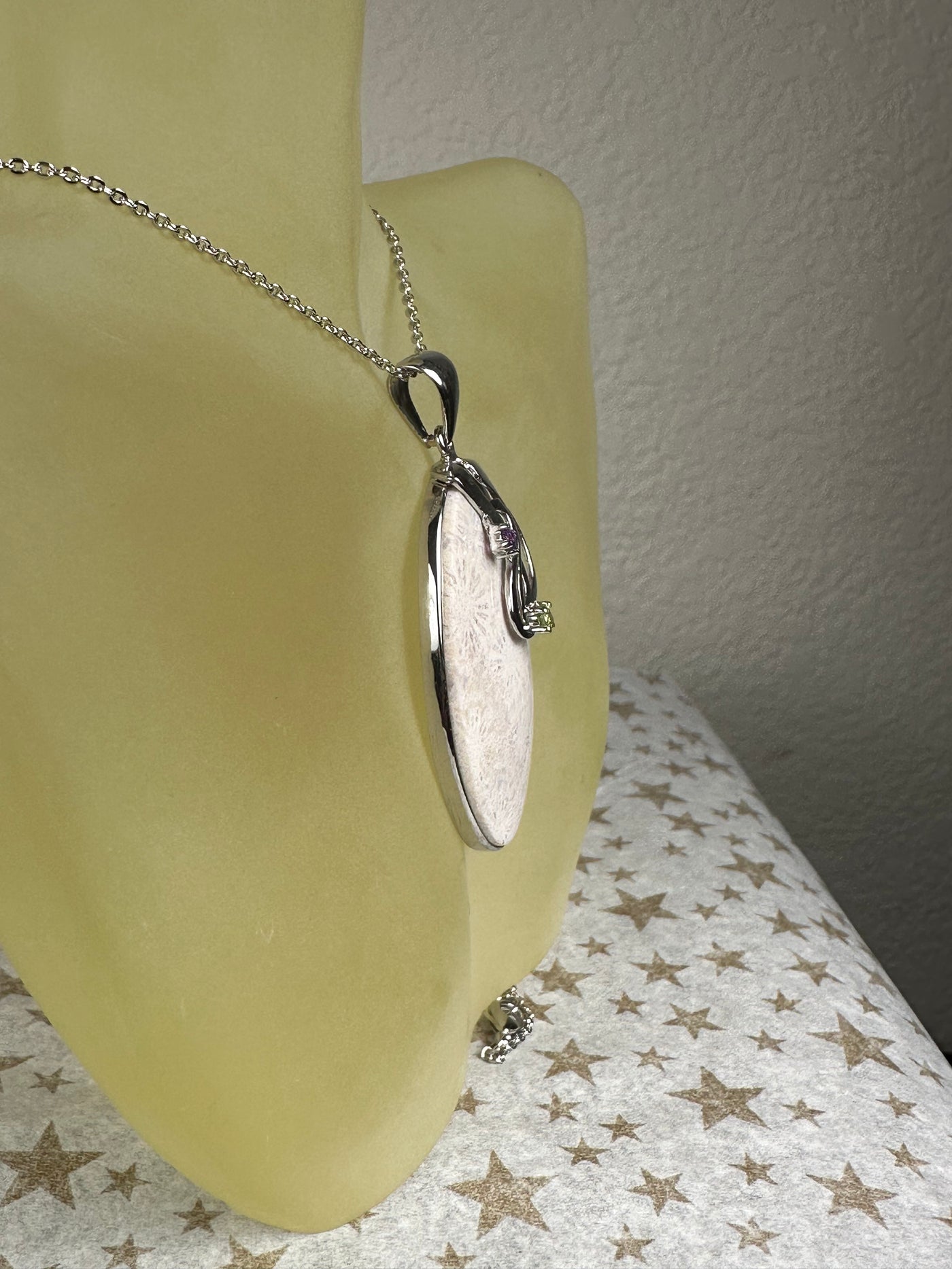 Sterling Silver and Genuine Whitish Oval Coral Fossil Pendant