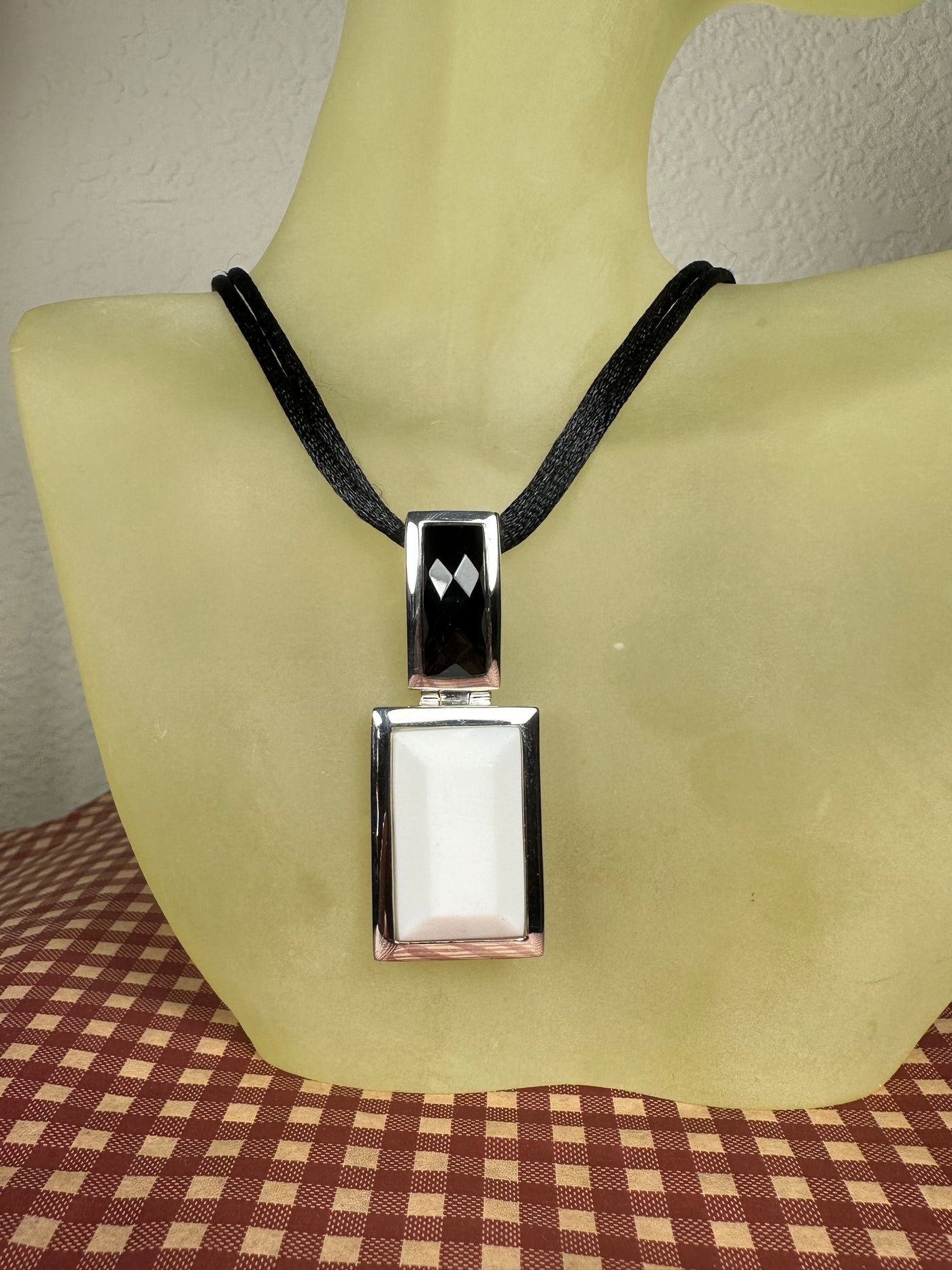 Sterling Silver and Rectangular Black & White Agate Pendant