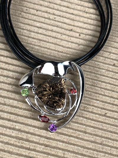 Smoky Quartz Pendant with Garnet Amethyst Peridot in Sterling Silver