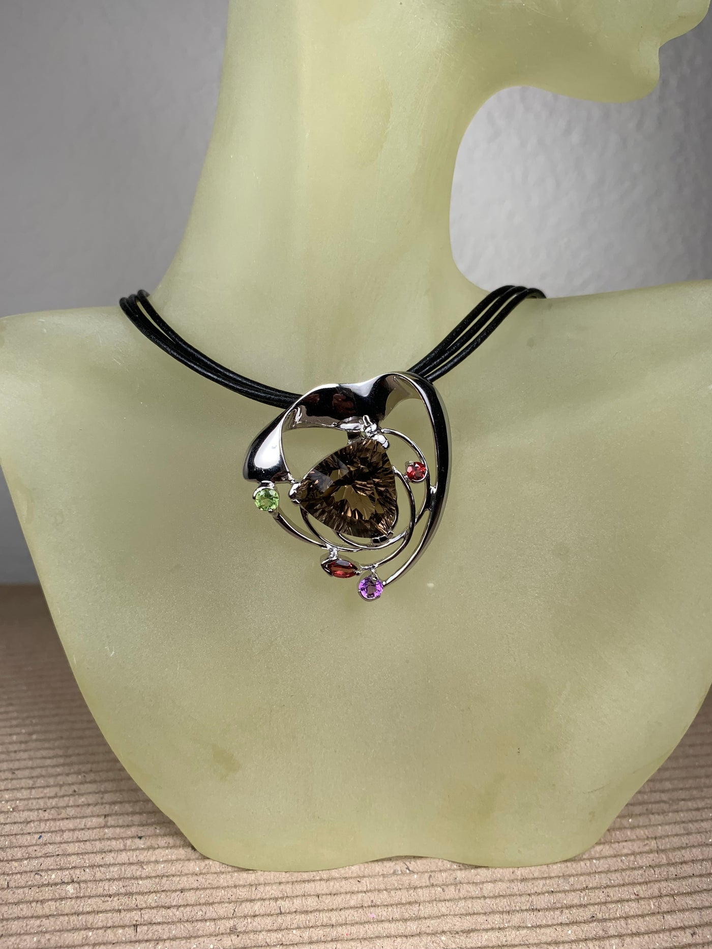 Smoky Quartz Pendant with Garnet Amethyst Peridot in Sterling Silver