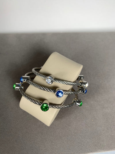 Silver Tone Wire Bracelet Featuring 3 Blue Crystals