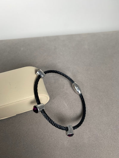 Black Wire Bracelet Featuring 3 Deep Purple Crystals