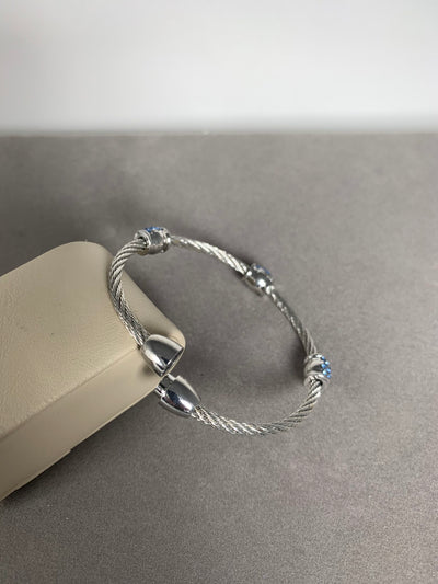 Silver Tone Wire Bangle Bracelet Features 3  Encrusted Clear Crystal Barrels