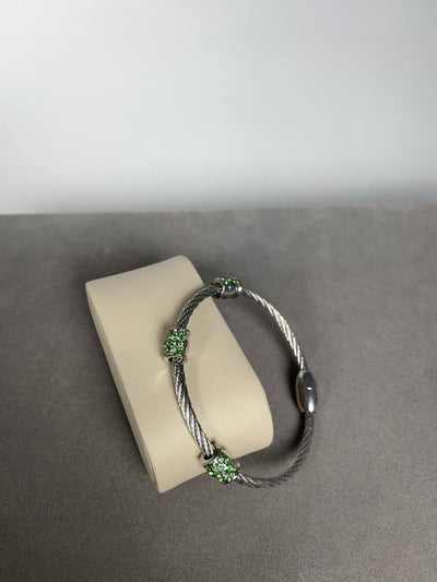 Silver Tone Wire Bangle Bracelet Features 3 Encrusted Greem Crystal Barrels