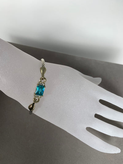 Silver Tone Wire Bangle Bracelet featuring Blue Crystal
