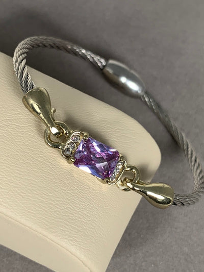 Silver Tone Wire Bangle Bracelet featuring Purple Crystal