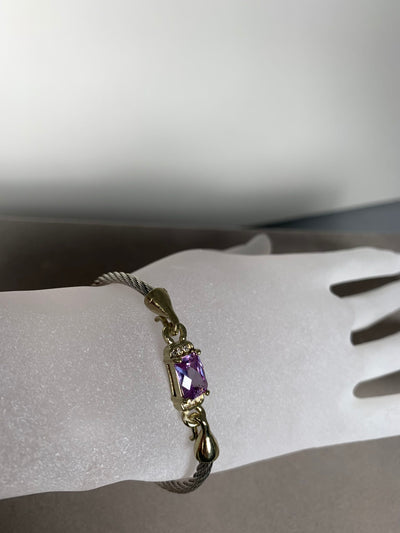 Silver Tone Wire Bangle Bracelet featuring Purple Crystal