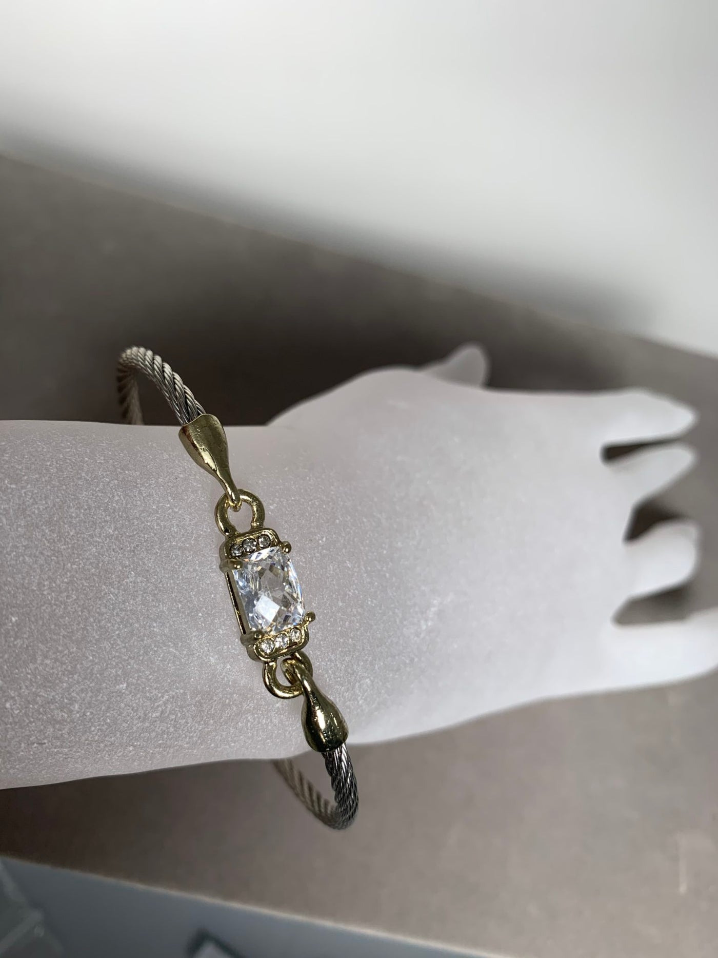 Silver Tone Wire Bangle Bracelet featuring Clear Crystal