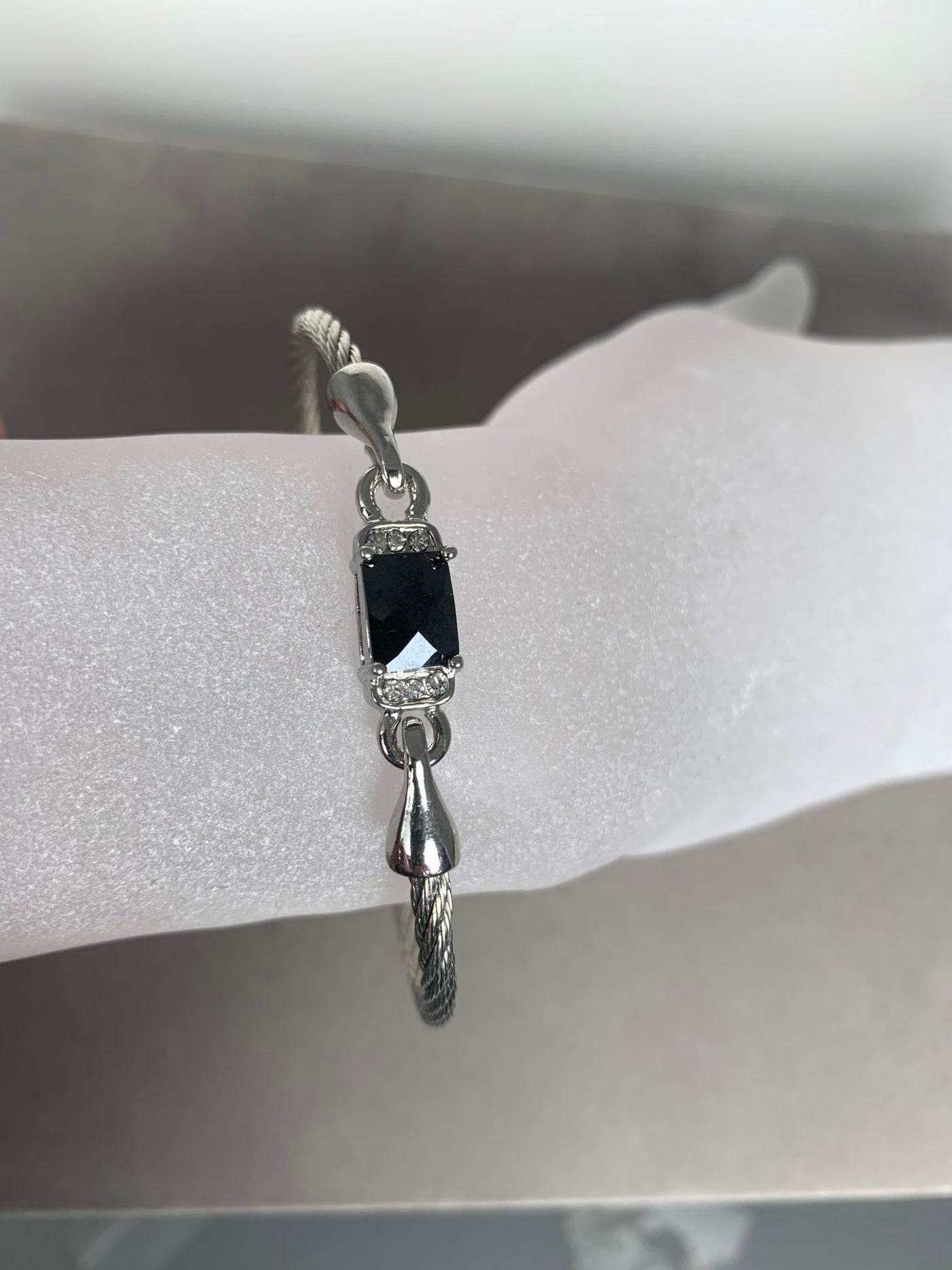Silver Tone Wire Bangle Bracelet featuring Black Crystal