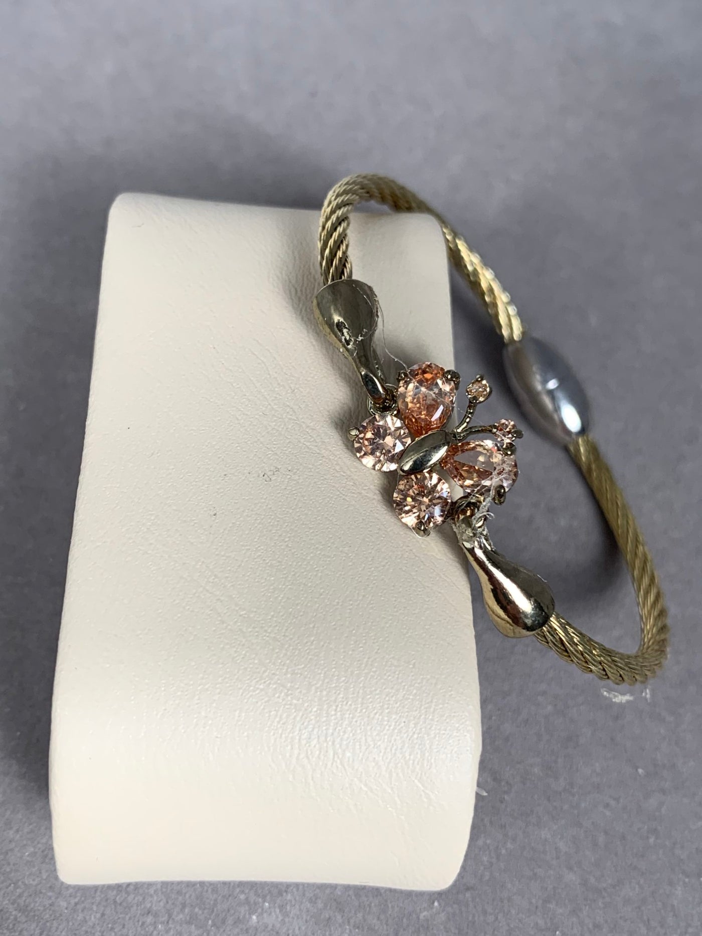 Gold Tone Wire Bangle Bracelet featuring Champagne Yellow Crystal Butterfly