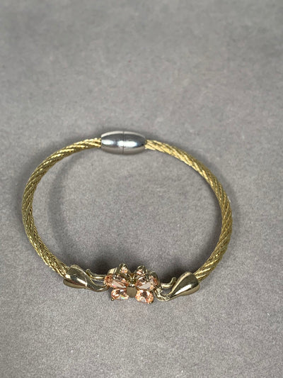 Gold Tone Wire Bangle Bracelet featuring Champagne Yellow Crystal Butterfly