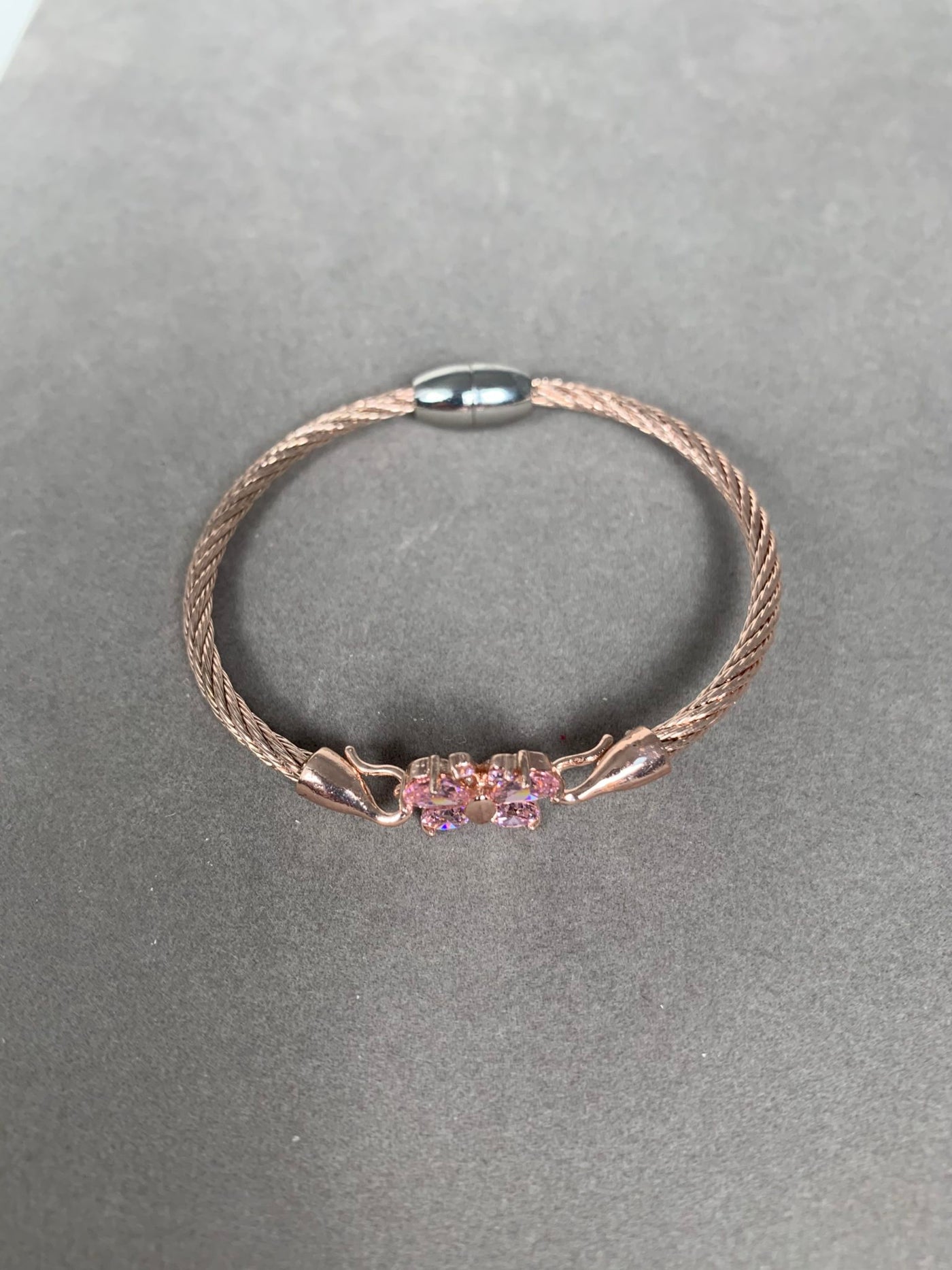 Rose Gold Tone Wire Bangle Bracelet featuring Pink Crystal Butterfly