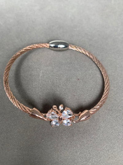 Rose Gold Tone Wire Bangle Bracelet featuring Clear Crystal Butterfly