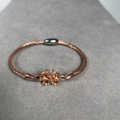 Rose Gold Tone Wire Bangle Bracelet featuring Chamagne Yellow Crystal Butterfly