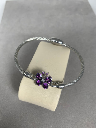 Silver Tone Wire Bangle Bracelet featuring Purple Crystal Butterfly