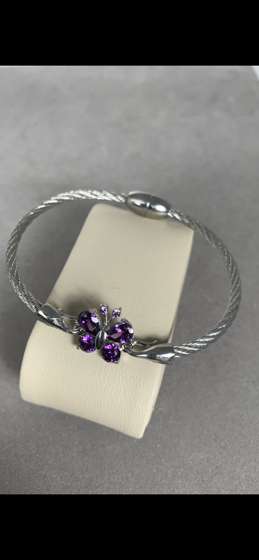 Silver Tone Wire Bangle Bracelet featuring Purple Crystal Butterfly