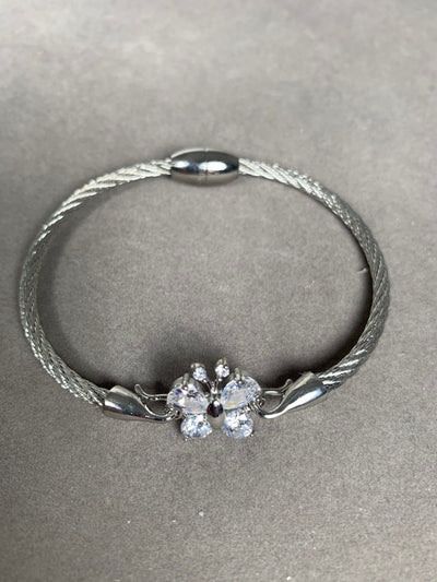 Silver Tone Wire Bangle Bracelet featuring Clear Crystal Butterfly