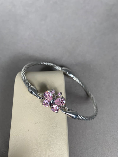 Silver Tone Wire Bangle Bracelet featuring Pink Crystal Butterfly