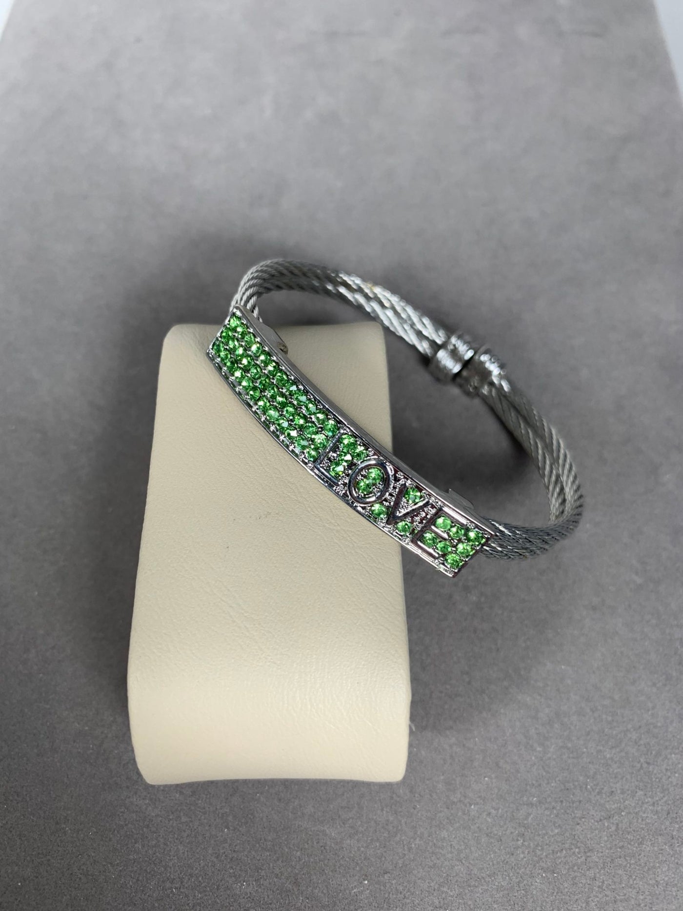 Silver Tone Double Wire Green Crystal "Love" Cuff Bangle