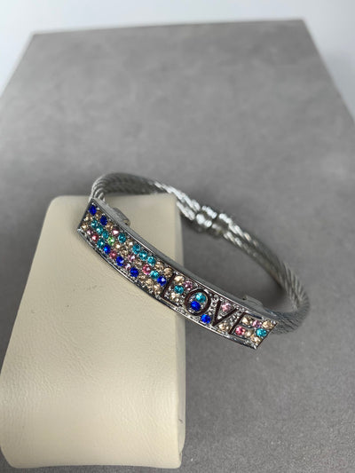 Silver Tone Double Wire Rainbow Color Crystal "Love" Cuff Bangle