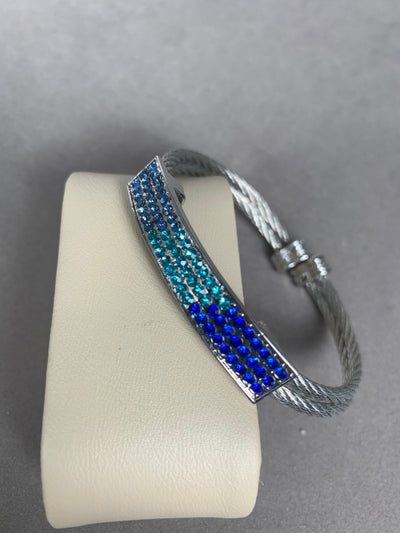 Silver Tone Double Wire & Blue Color Crystal Cuff Bangle